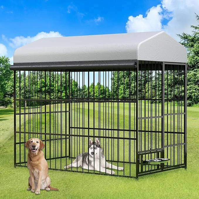 Rovibek Outdoor Dog Kennel with Roof, Dog Kennel Outside Heavy Duty Dog Playpen, Dog Run Enclosure with 2 Rotating Bowl & ...