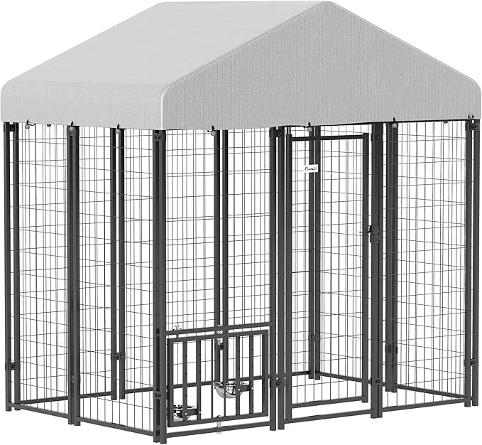 PawHut 5.9' x 4' x 6' Outdoor Dog Kennel, Welded Wire Heavy Duty Dog Run with 360° Rotating & 4 Level Adjustable Bowls, Do...