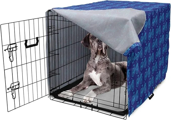 Lunarable Contemporary Blue Dog Crate Cover, Repetitive Pattern with Silhouette Style Bicycles, Easy to Use Pet Kennel Cov...