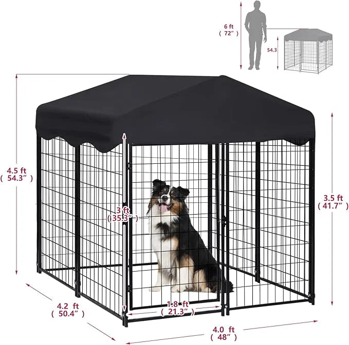 Heavy Duty Outdoor Dog House - Large Kennel with Roof, 4'L x 4'W x 4.5'H - Black Dog Crate with Cover, 2 Set - Product Image