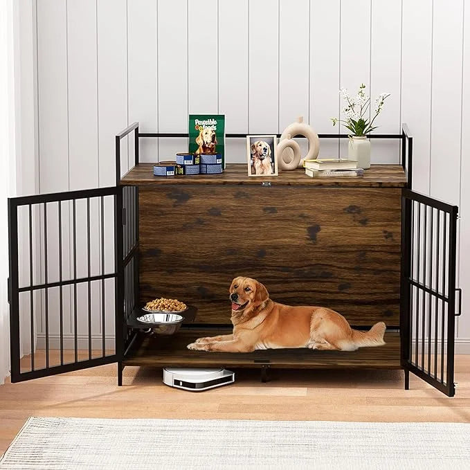 LOVMOR Dog Cage Furniture with Rotating Feeder Bowls, Dog Kennel Indoor with Cushion, Dog Crates for Large Dogs, 48" L X 3...