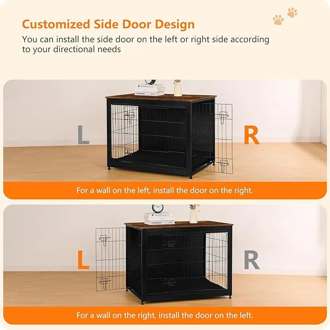 DWANTON Dog Crate Furniture with Cushion, Wooden Kennel Table with Double Doors, Indoor Dog House, Large Size, 38.5" L, Bl...