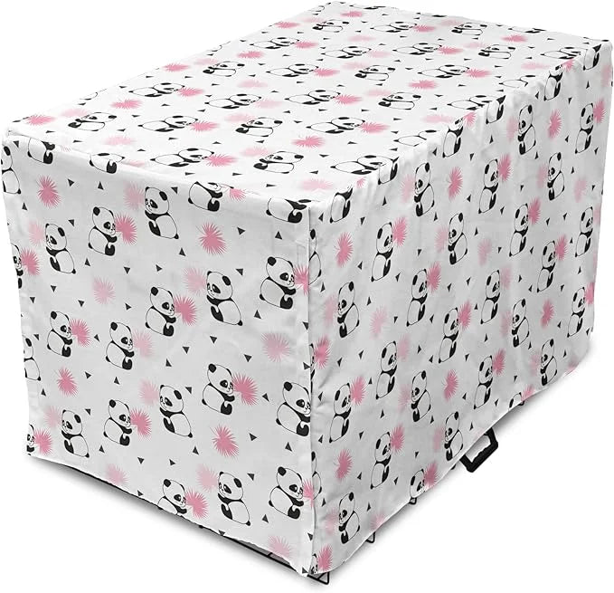 Lunarable Panda Dog Crate Cover, Cartoon Style Bear Drawings Pinkish Foliage Leaves Chinese, Easy to Use Pet Kennel Cover ...