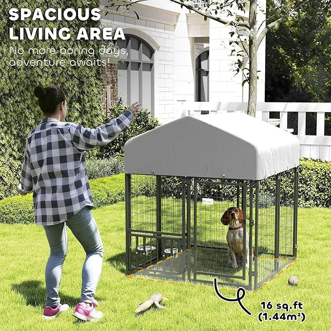 PawHut 3.9' x 3.9' x 4.5' Outdoor Dog Kennel, Welded Wire Heavy Duty Dog Run with 360° Rotating & 4 Level Adjustable Bowls...