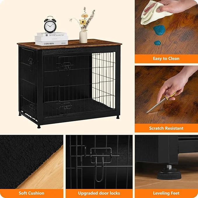 DWANTON Dog Crate Furniture with Cushion, Wooden Kennel Table with Double Doors, Indoor Dog House, Medium Size, 32.5" L, B...