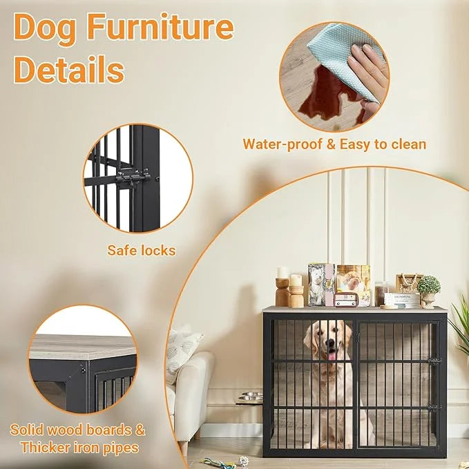 Dog Crate Furniture, 48 Inch Dog Kennel Furniture, Wooden ๐og Crate Furniture Large Breed with Rotating ๐og Bowls, Heavy D...