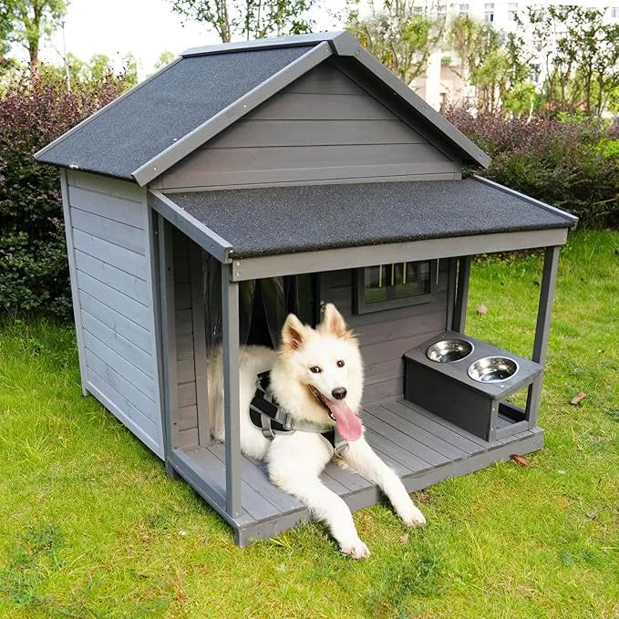 YOTPO Large Outdoor Fir Wood Dog House with Spacious Terrace,Breathable Window&2 Feeding Stainless Bowls,Dog Kennel W/Soli...