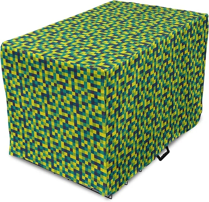 Lunarable Yellow and Blue Dog Crate Cover, Vivid Colored Squares Funky Simple Retro Style Grid Tile, Easy to Use Pet Kenne...