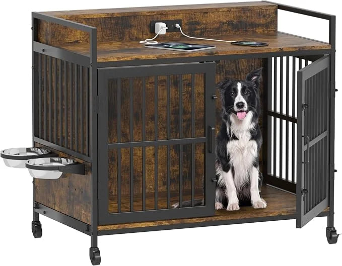 Piskyet Large Dog Crate Furniture,Heavy Duty Dog Crate Table with Charge Station and Storage&360°Rotatable Feeder and Stai...