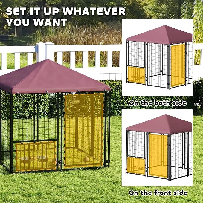 PawHut 4.6' x 4.6' x 5' Outdoor Dog Kennel, Welded Wire Heavy Duty Dog Run with 360° Rotating & 4 Level Adjustable Bowls, ...