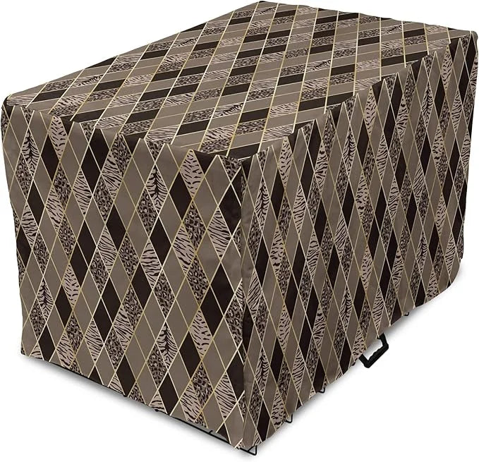 Lunarable Contemporary Brown Dog Crate Cover, Rhomb Check Pattern with Animal Skins, Easy to Use Pet Kennel Cover for Smal...
