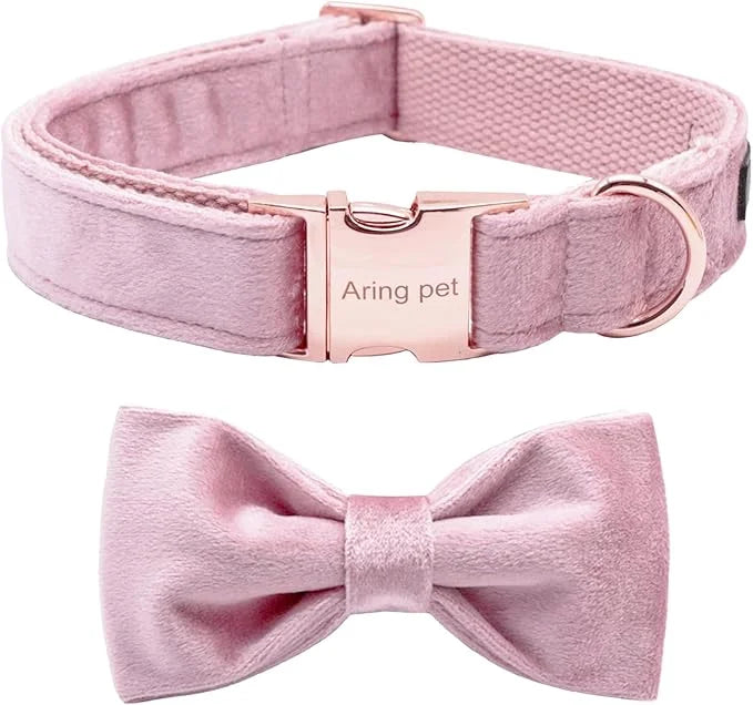 ARING PET Velvet Dog Collars with Bow tie, Bowtie Dog Collar, Cute Pink Collar for Girl and Boy Dogs,Large. - Product Image