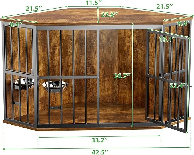 Medium Dog Crate Furniture, 42โ Heavy Duty Corner Dog Crate with 2 Stainless Steel Bowls, Dog Kennel Furniture Style House...