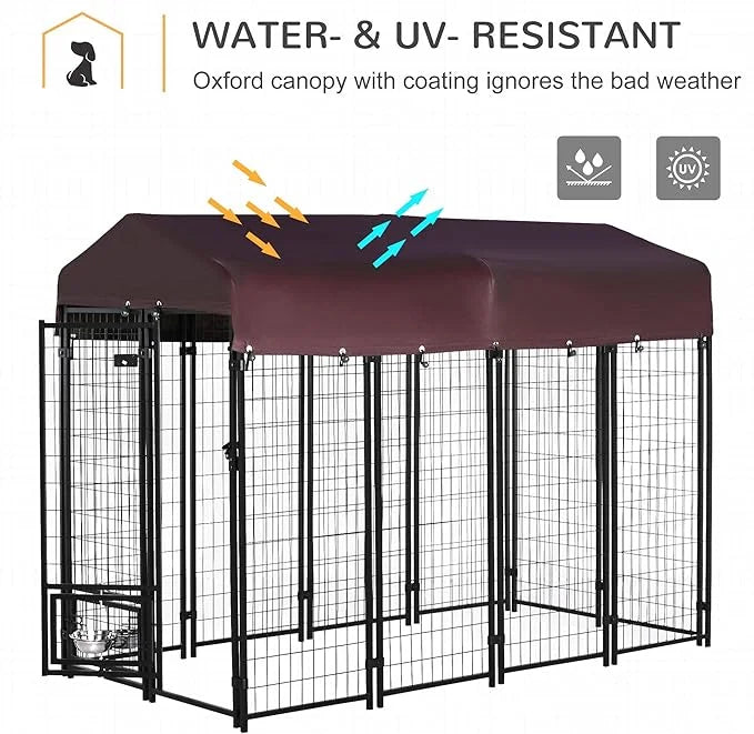 PawHut 8' x 4' x 6' Outdoor Dog Kennel with Rotating Bowl Holders, Walk-in Pet Playpen, Welded Wire Steel with Water and U...