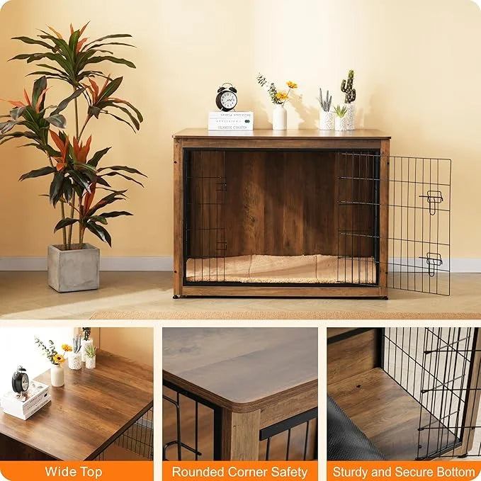 DWANTON Dog Crate Furniture with Cushion, Wooden Kennel Table with Double Doors, Indoor Dog House, Extra Large, 43.3" L, W...