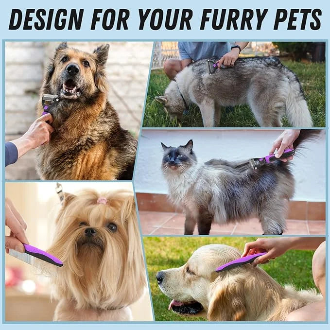 Pet Grooming Brush and Metal Comb Combo - Undercoat Rake for Dematting and Deshedding Long Matted Haired Dogs and Cats, Pu...