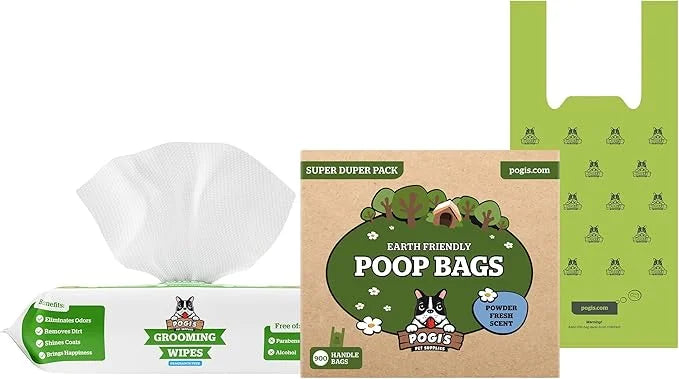 Pogi's 900 Dog Poop Bags w/Handles and 100 Plant-based Grooming Wipes Bundle - Product Image