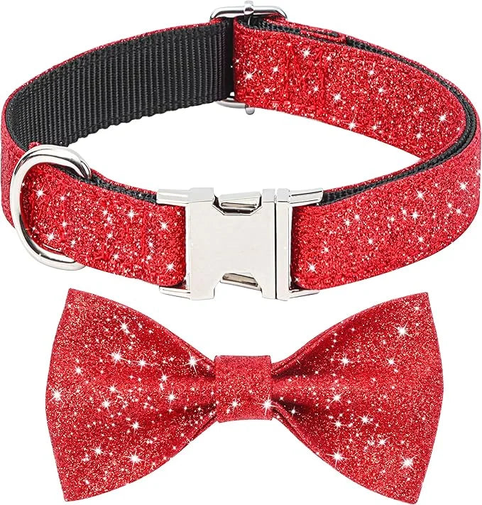 Bling Bow Tie Dog Collar and Leash Set, Red Christmas Dog Collar with Bow and 5ft Leash for Medium Dogs, Cute Walking Boy ...