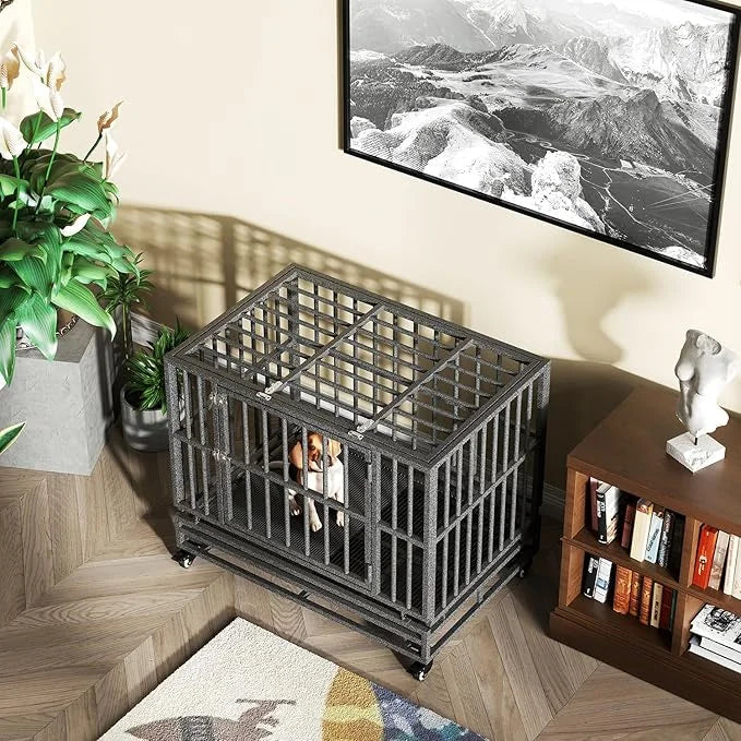 Heavy Duty Extra Large Dog Crate with Wheels - Indestructible 38/42/46 Inch Chew-Proof, Escape-Proof Kennel for High-Anxie...