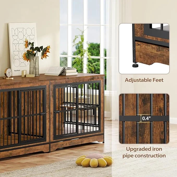Rovibek 78 Double Dog Crate Furniture for 2 Large Dogs Indoor, Wooden Furniture Dog Crates with Dog Bowl, Dog Kennel Furni...