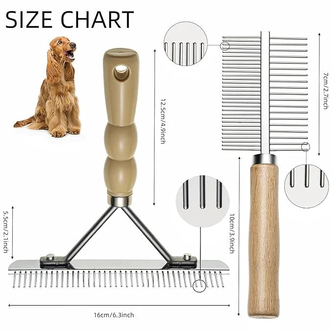 Undercoat Rake for Dogs, 2 Pack Double Coat Brush Set Long Tooth Undercoat Brush & Flea Comb, Long Hair Dog Combs for Groo...