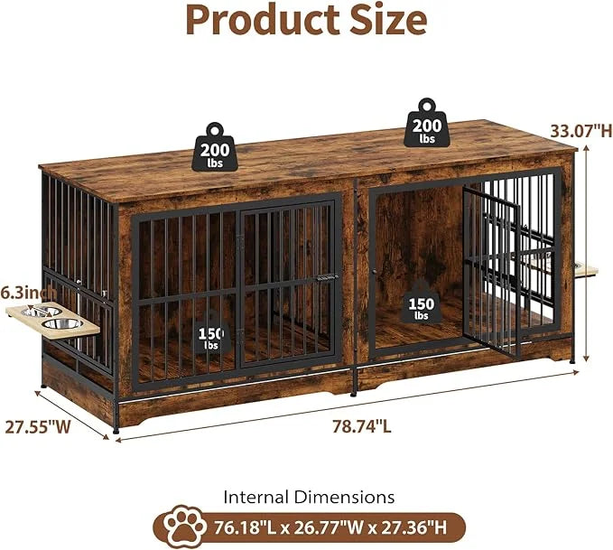 Rovibek 78 Double Dog Crate Furniture for 2 Large Dogs Indoor, Wooden Furniture Dog Crates with Dog Bowl, Dog Kennel Furni...
