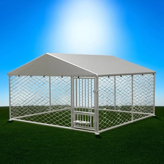 Large Outdoor Dog Kennel, Heavy Duty Galvanized Steel Dog Enclosure with Swivel Feeder, Chicken Coop w/Waterproof UV-Resis...