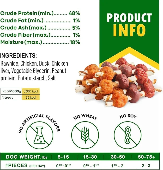 Kabobs Dog Rawhide Treats with Duck & Chicken Human Grade Meat - All Natural & Organic Dried Snacks - Grain Free Long Last...