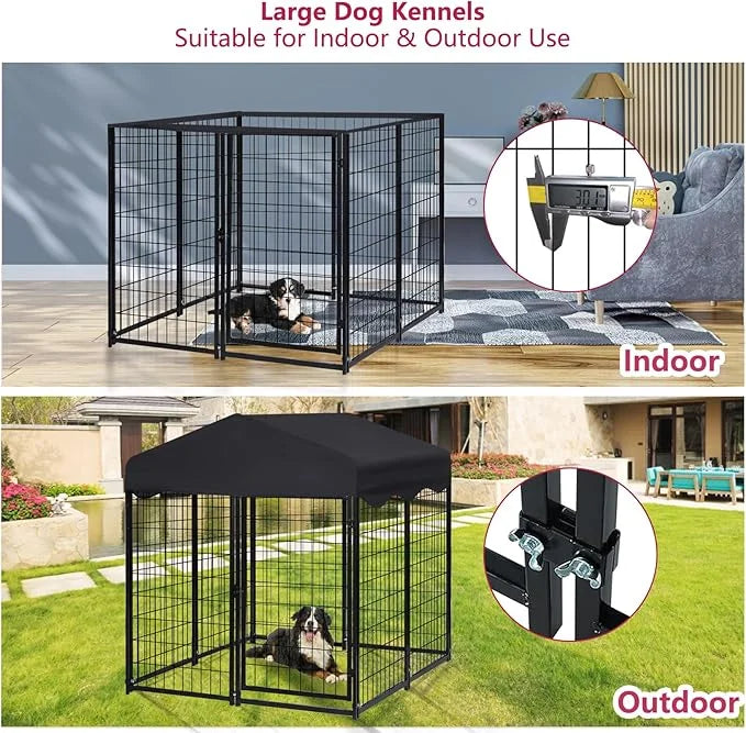 Heavy Duty Outdoor Dog House - Large Kennel with Roof, 4'L x 4'W x 4.5'H - Black Dog Crate with Cover, 2 Set - Product Image