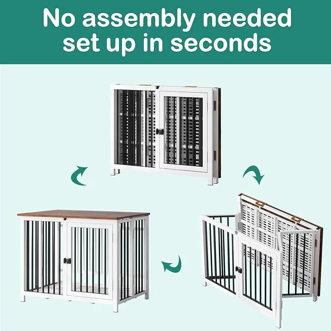 Heavy Duty Dog Crate Furniture, Fully Assembled exc. Locks, All Metal Frame & Wooden Tabletop, Modern Kennel for Small Dog...