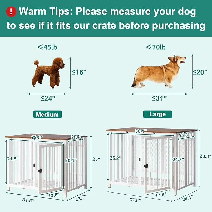 Heavy Duty Dog Crate Furniture, Fully Assembled exc. Locks, All Metal Frame & Wooden Tabletop, Modern Kennel for Small/Med...