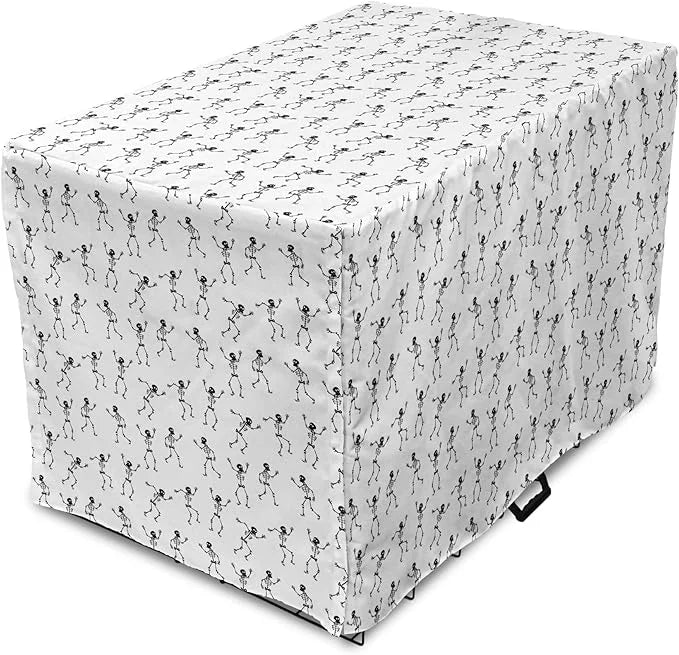 Lunarable Skull Dog Crate Cover, Cartoon Pattern of Monochrome Skeletons Halloween Themed Illustration Horror, Easy to Use...