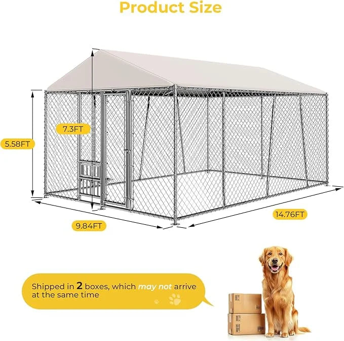 10 x 15FT Large Outdoor Dog Kennel with Bowls, Dog Kennel Outside with Waterproof Cover Roof, Galvanized Heavy Duty Chain ...