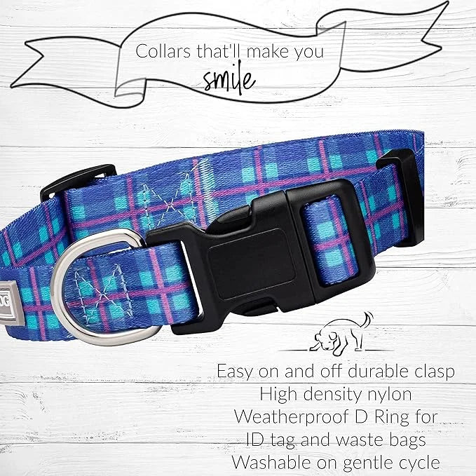 Lucky Love Dog, Blue and Violet Plaid Dog Collar, Adjustable & Comfy Collar for Boy and Girl Dog, Easy On & Off Clasp Acce...