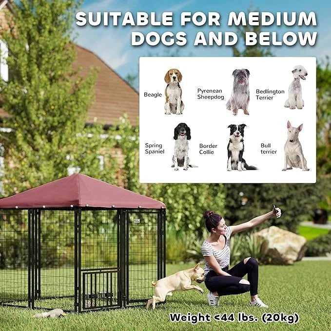 PawHut 4.6' x 4.6' x 5' Outdoor Dog Kennel, Welded Wire Heavy Duty Dog Run with 360° Rotating & 4 Level Adjustable Bowls, ...