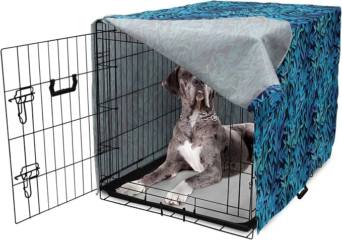 Lunarable Leaf Print Dog Crate Cover, Watercolor Hawaiian Inspired Nature Exotic Silhouettes on Dark Back, Easy to Use Pet...