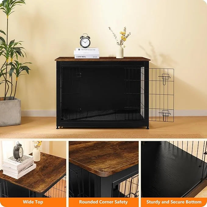 DWANTON Dog Crate Furniture with Cushion, Wooden Kennel Table with Double Doors, Indoor Dog House, Large Size, 38.5" L, Bl...