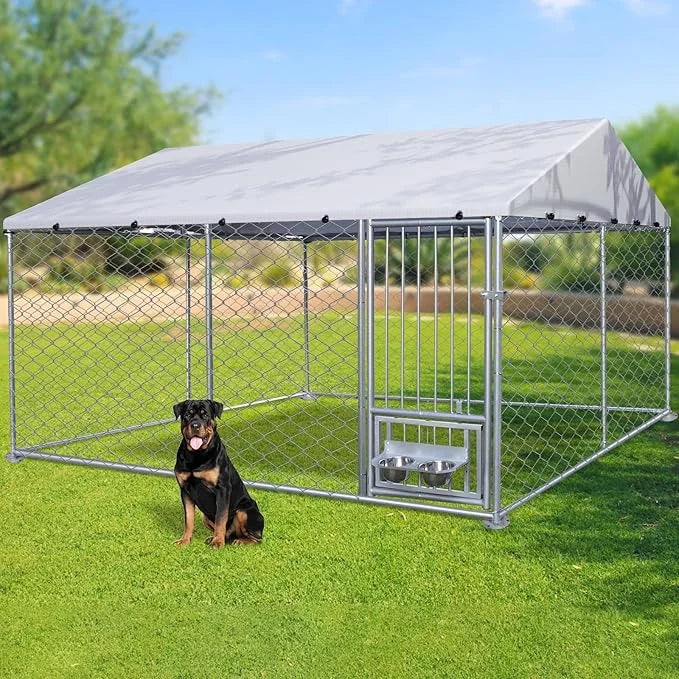Rovibek Dog Kennel Outside, Outdoor Dog Kennel with Roof, 10'×10' Puppy Enclosure Outside, Out-Side with 2 Stainless Steel...