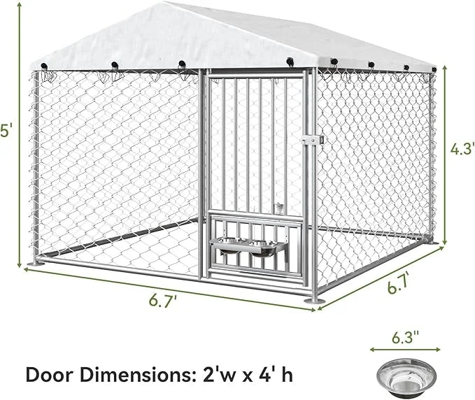 6.7 x 6.7 ft Dog Kennel Outside - Outdoor Dog Kennel with Roof, Heavy Duty Outdoor Dog Kennel with Rotating Feeding Bowls,...