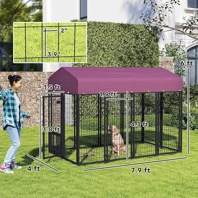 PawHut 7.9' x 4' x 6' Outdoor Dog Kennel, Welded Wire Heavy Duty Dog Run with 360° Rotating & 4 Level Adjustable Bowls, Do...