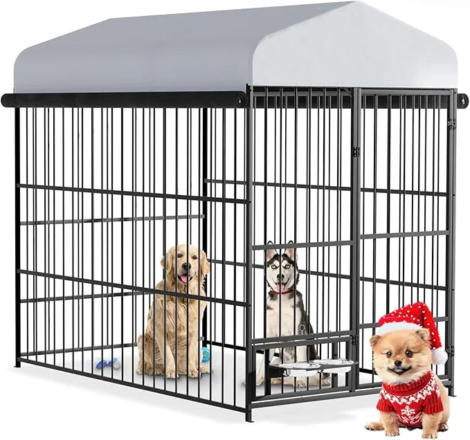 6.6 x 3.9 x 5.9 FT Outdoor Dog Kennel with Roof, Large Dog Kennel Outdoor with Rotating Feeding Bowls, Waterproof and Sunp...