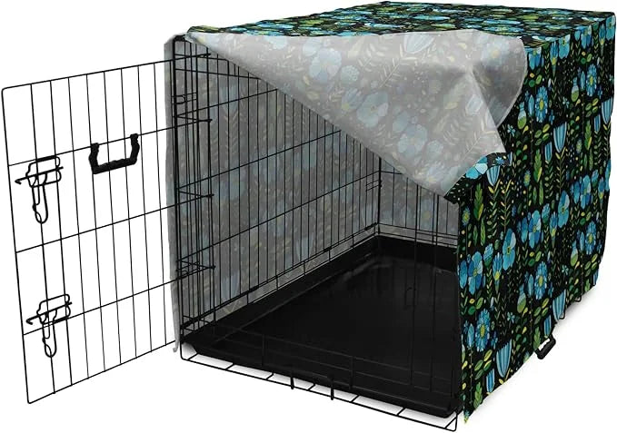 Lunarable Floral Dog Crate Cover, Abstract Flower Bouquets Dragonflies Ladybugs Butterflies on Dark, Easy to Use Pet Kenne...