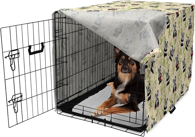 Lunarable Panda Dog Crate Cover, Asian Bear Cartoon Character Eating Leaves Branches Wildlife Animal, Easy to Use Pet Kenn...