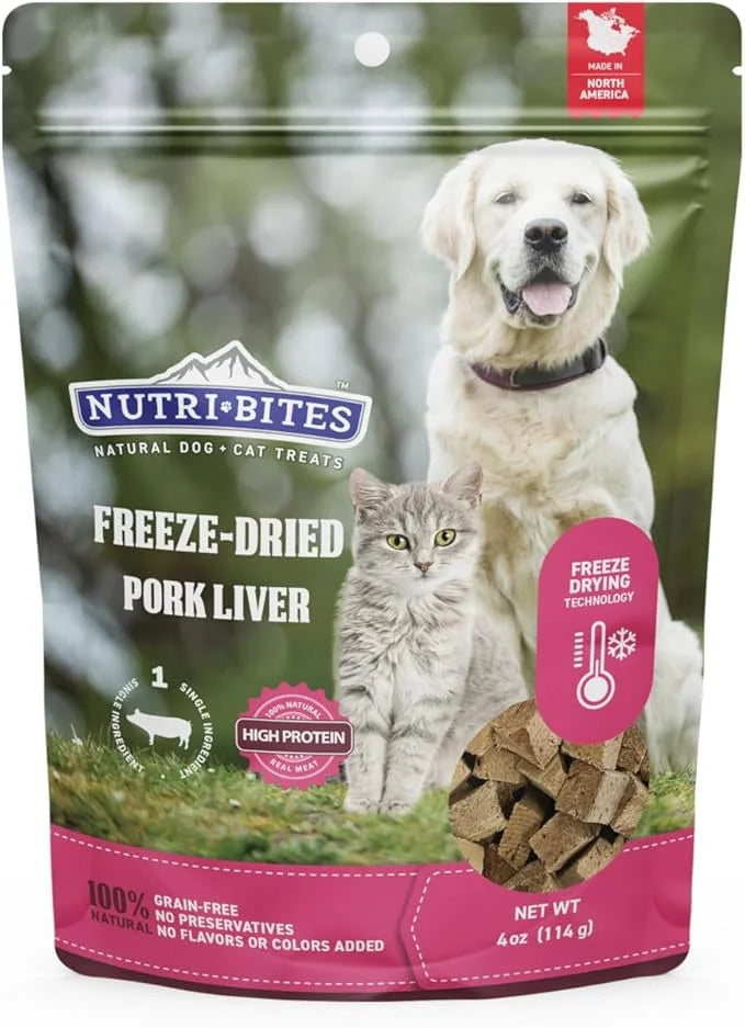 Nutri Bites Freeze Dried Pork Liver Dog & Cat Treats, 4oz | Healthy Pet Training Treats or Food Topper | All Natural, Sing...