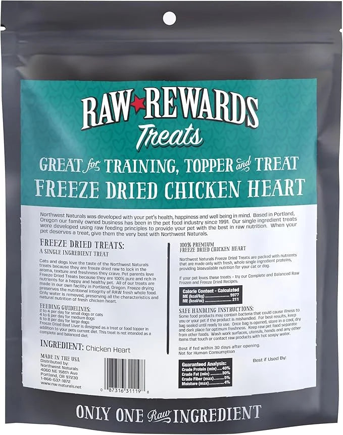 Northwest Naturals Raw Rewards Freeze-Dried Chicken Heart Treats for Dogs and Cats - Bite-Sized Pieces - Healthy, 1 Ingred...
