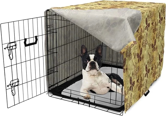 Lunarable Yellow and Brown Dog Crate Cover, Butterflies with Lace Style Ornament Spring Season Beauty Nature Print, Easy t...