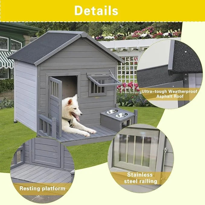 Open Waterproof Asphalt Roof Large Dogs House with Spacious Terrace,Outdoor Dog Kennel W/Small Wooden Door,Breathable Wind...