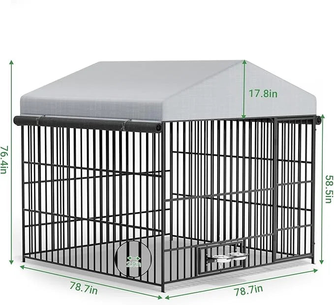Outdoor Dog Kennel - 6.6 x 6.6 x 6.4 ft Outside Dog Kennel with Roof, Large Dog Outdoor Kennel with Rotating Feeding Bowls...