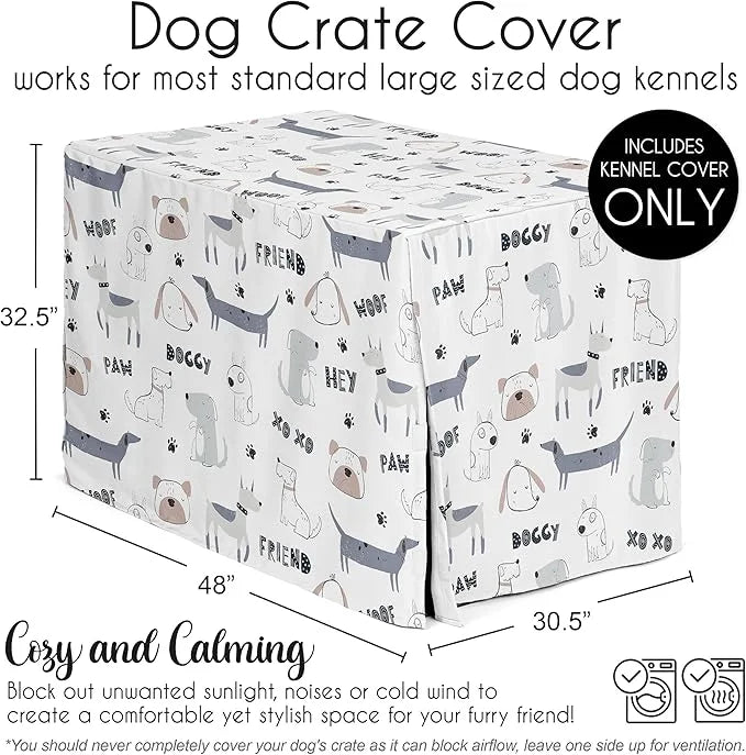 Sweet Jojo Designs 48in. Large Dog Crate Cover (Cartoon Puppy Print) Pet Cage, Kennel Covers (Neutral, Modern, Bulldog, Wi...