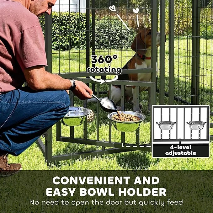 PawHut 3.9' x 3.9' x 4.5' Outdoor Dog Kennel, Welded Wire Heavy Duty Dog Run with 360° Rotating & 4 Level Adjustable Bowls...